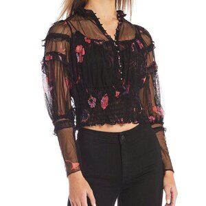 Free People Sheer Mesh Black Smocked Whimsigoth Top Womens Small